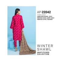Ideas Rose Red Yarn Dyed Shawl Gold Printed Cotail Suit (Unstiched) AP-22042 3pcs - image 3