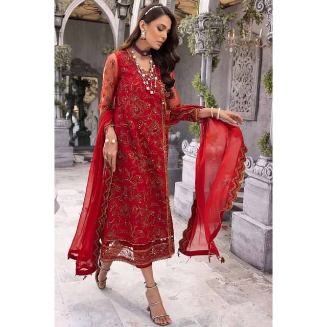 Ideas Embroidered Net Unstitched Suit with Sequins Embroidered Chiffon Dupatta FE-32053 3PC