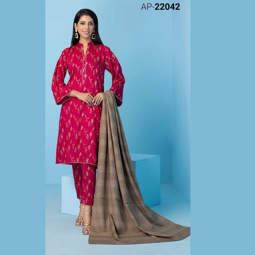 Ideas Rose Red Yarn Dyed Shawl Gold Printed Cotail Suit (Unstiched) AP-22042 3pcs