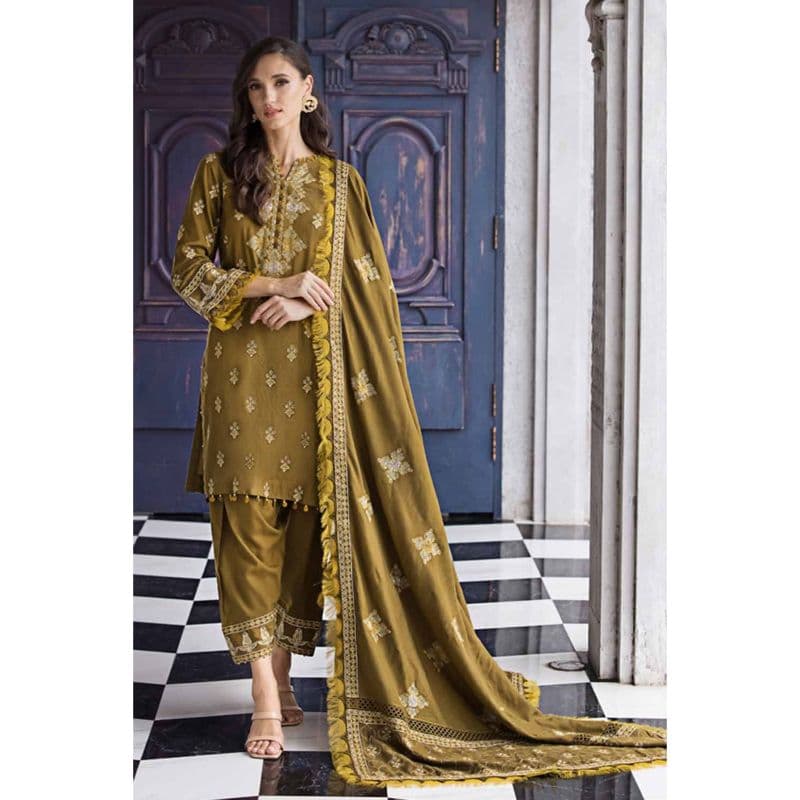 Ideas Embroidered Pashmina Unstitched Suit with Embroidered Pashmina Shawl AP-32073 3PC