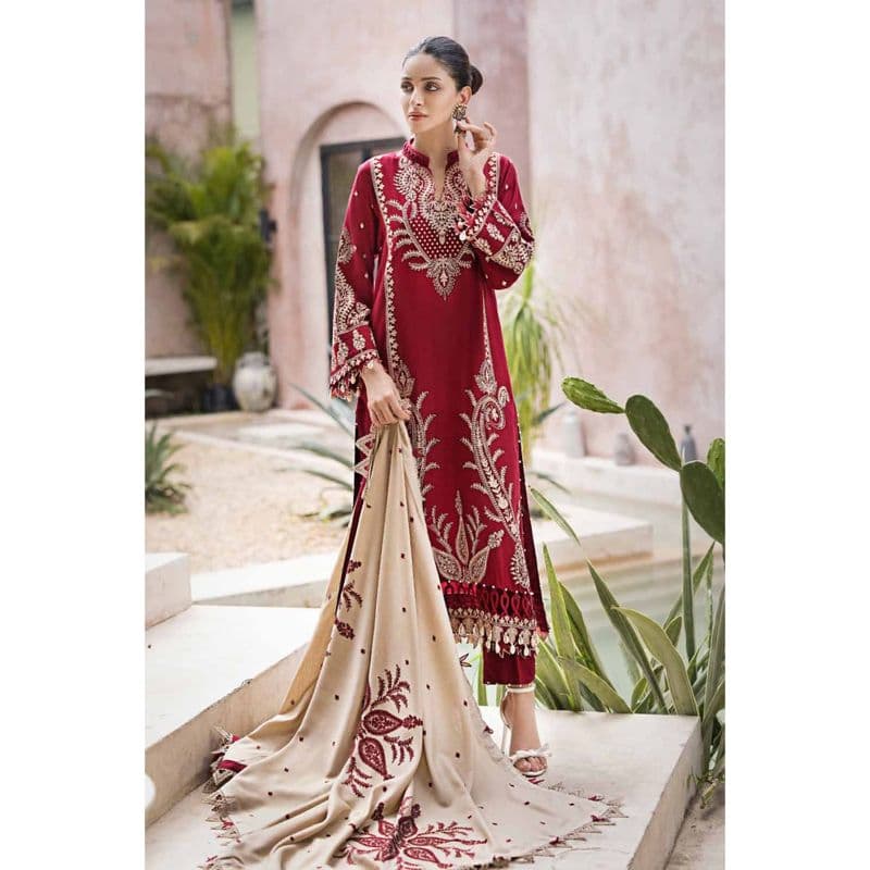 Ideas Embroidered Pashmina Unstitched Suit with Embroidered Pashmina Shawl AP-32042 3PC