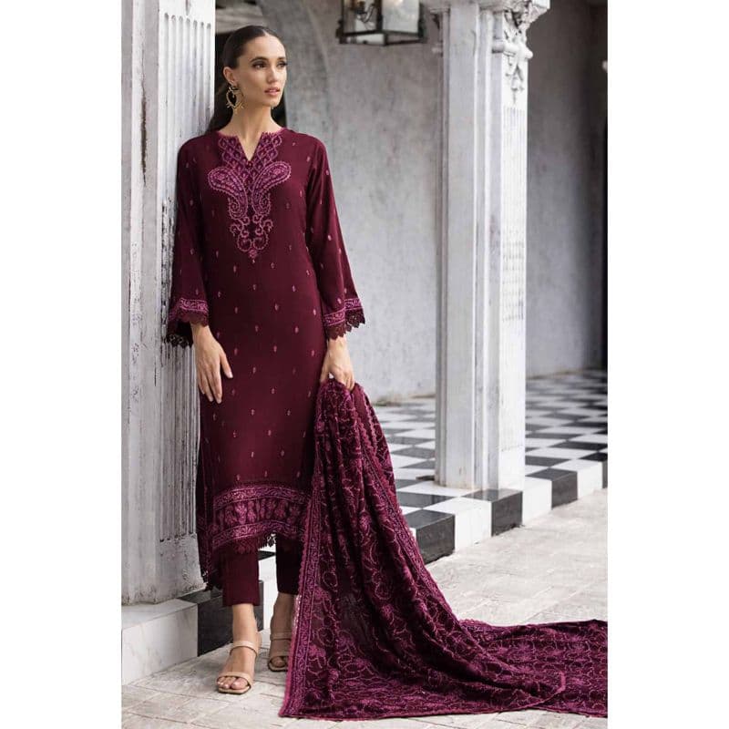 Ideas Embroidered Pashmina Unstitched Suit with Embroidered Pashmina Shawl AP-32072 3PC