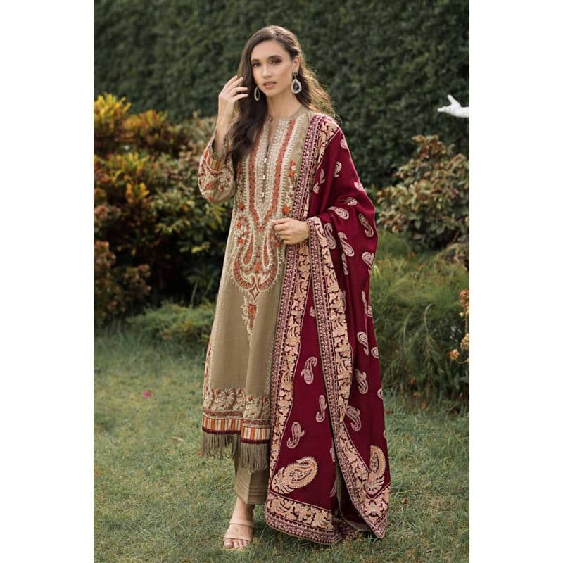 Ideas Embroidered Khaddar Unstitched Suit with Embroidered Pashmina Shawl AP-32050 3PC
