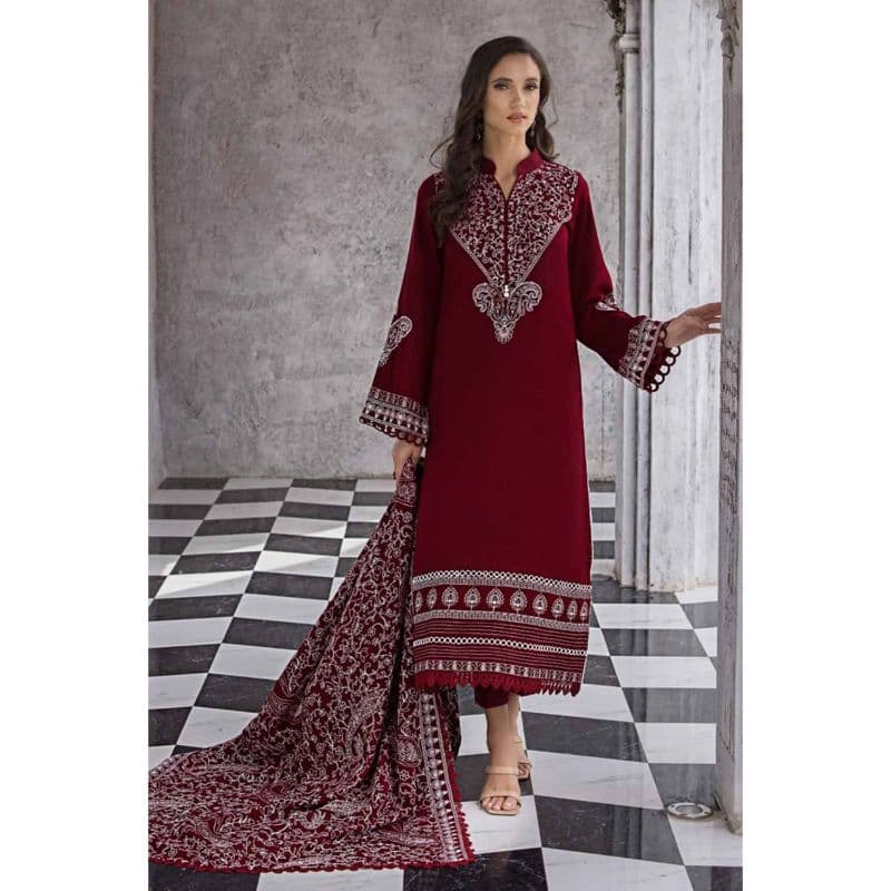 Ideas Embroidered Pashmina Unstitched Suit with Embroidered Pashmina Shawl AP-32066 3PC
