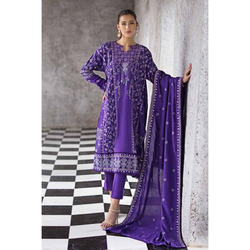 Ideas Embroidered Pashmina Unstitched Suit with Embroidered Pashmina Shawl AP-32054 3PC