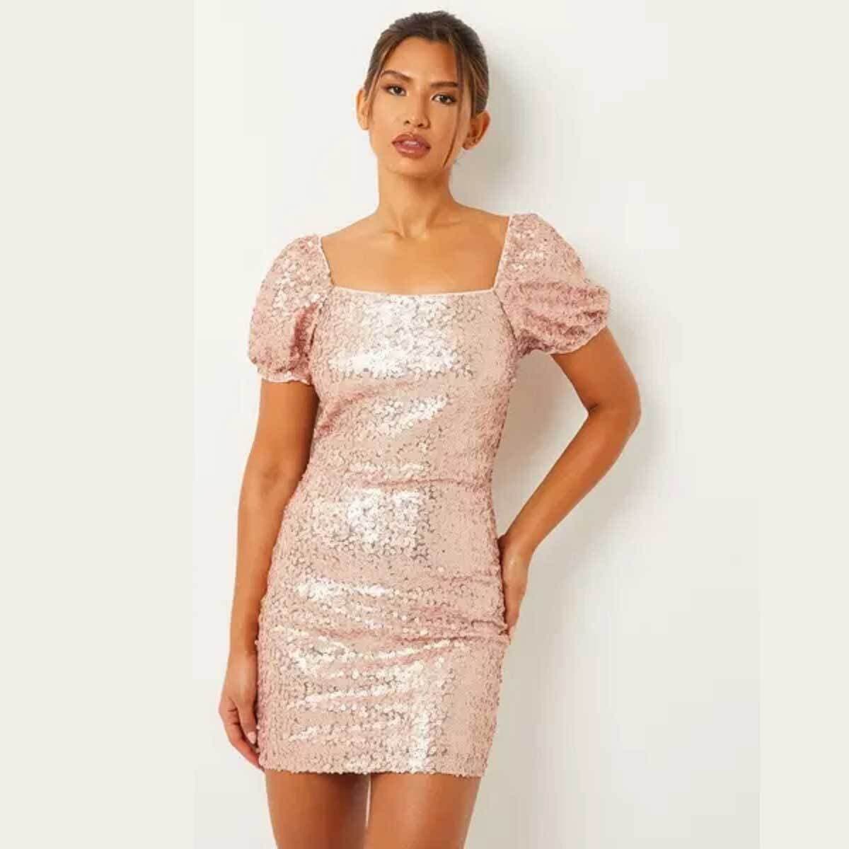 Quiz Pink Sequin Puff Sleeve Dress