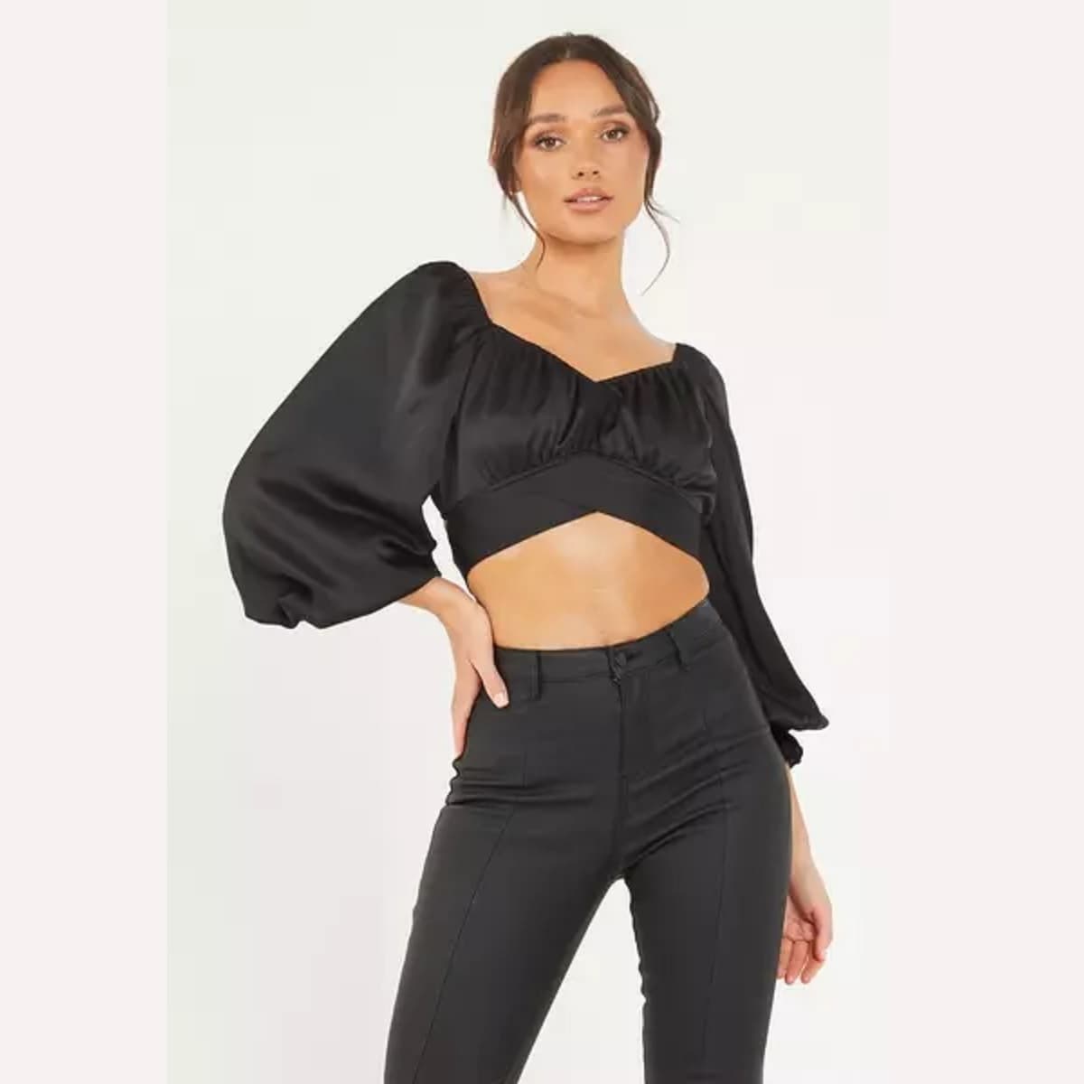 Quiz Black Satin Tie Back Crop Top