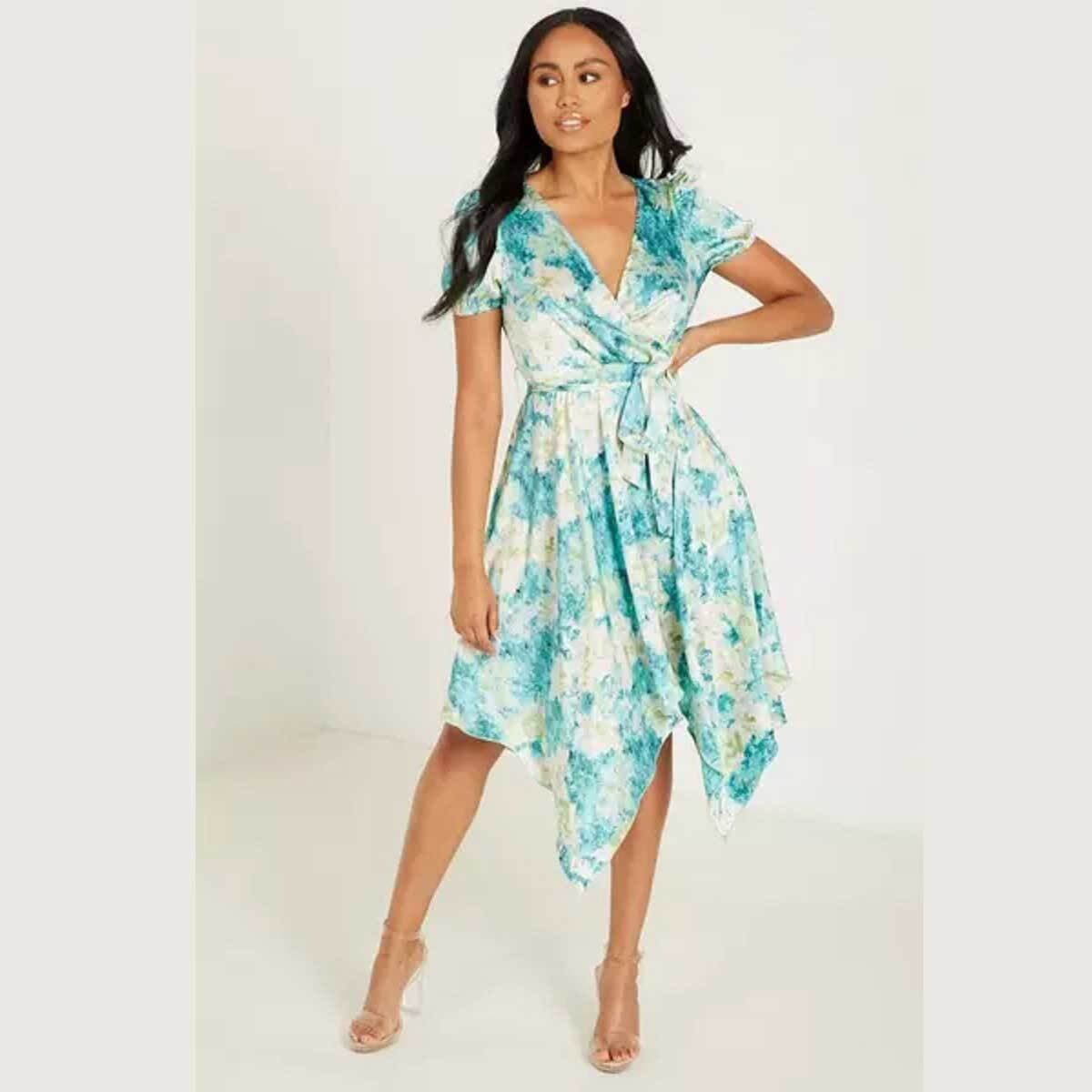 Quiz Floral Satin Hunky Hem Wrap Dress