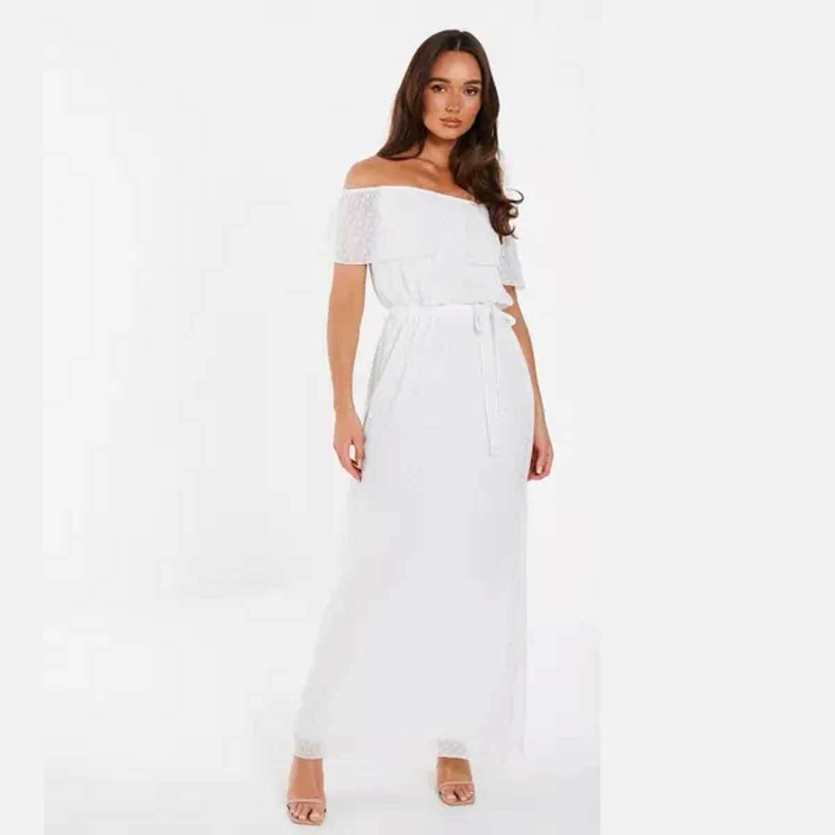 Quiz Cream Polka Dot Bardot Maxi Dress