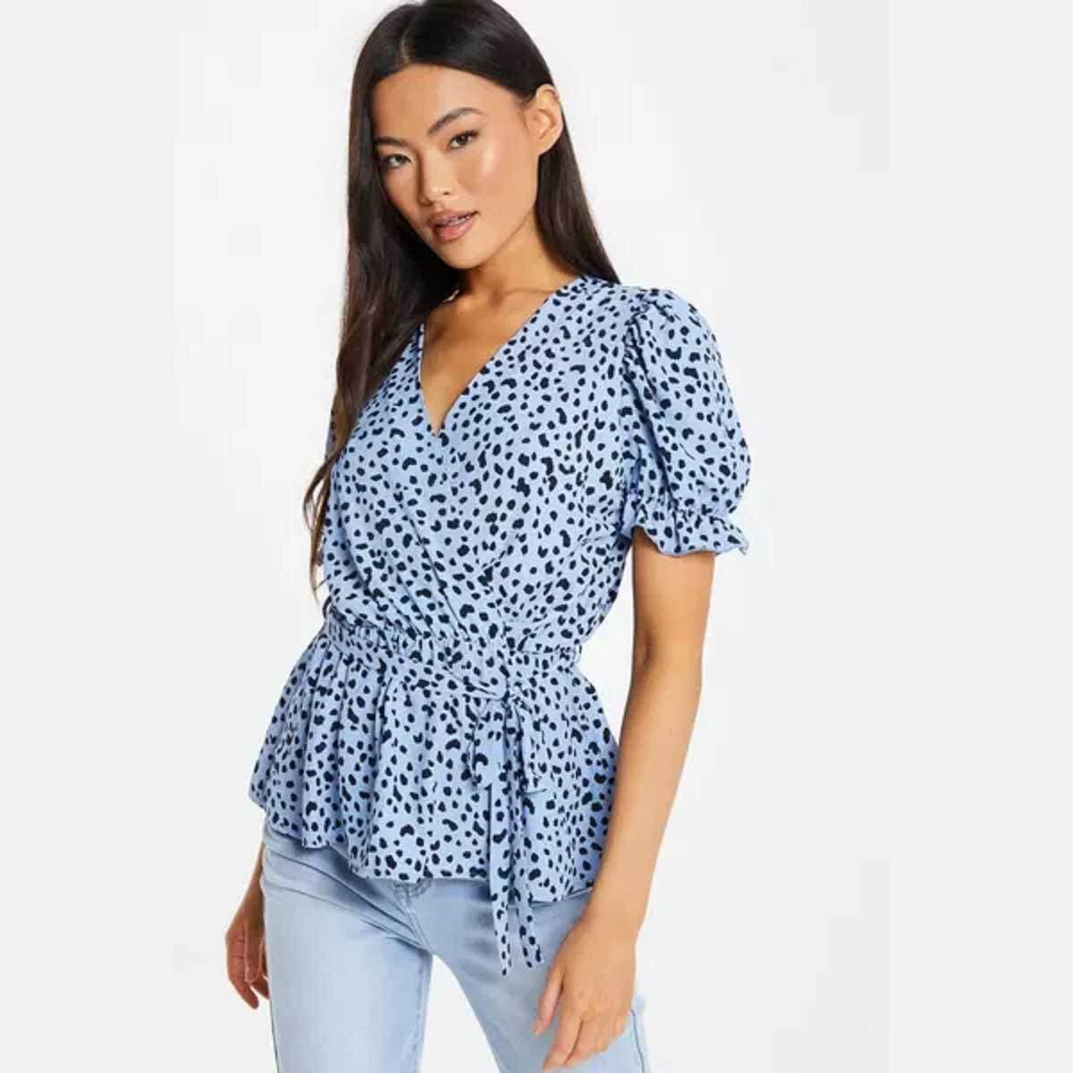 Quiz Blue Smudge Wrap Peplum Top