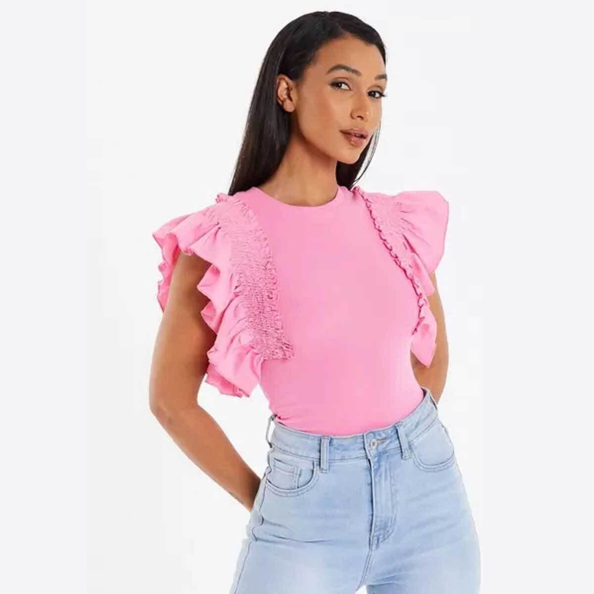 Quiz Pink Ribbed Frill Sleeve Bodysuit
