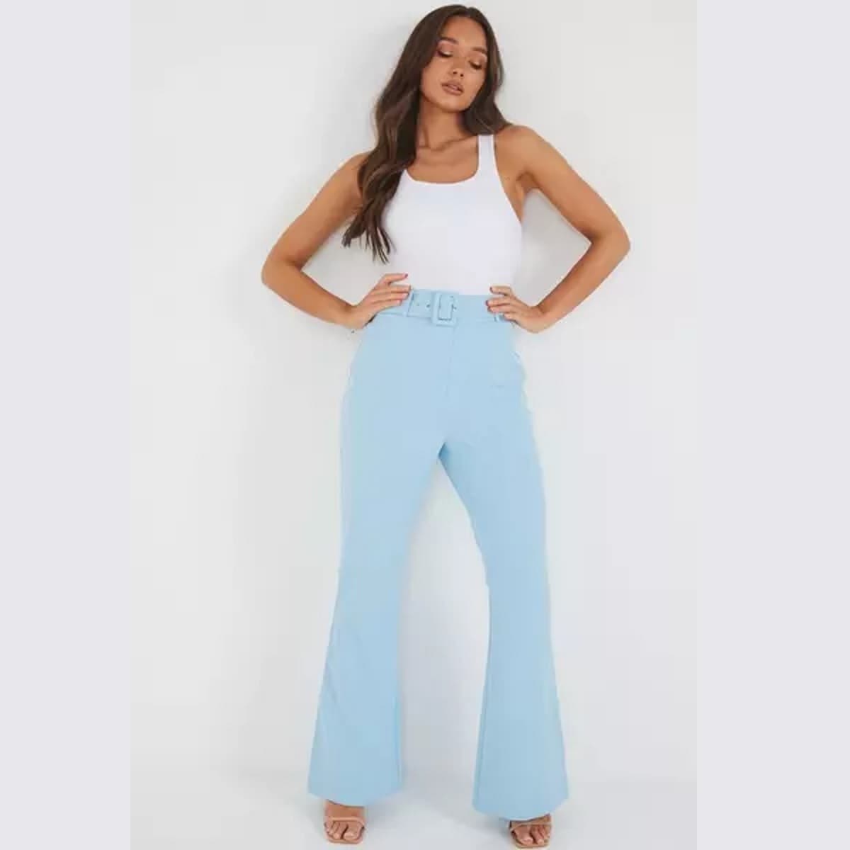 Quiz Blue Belted Flare Hem Trousers