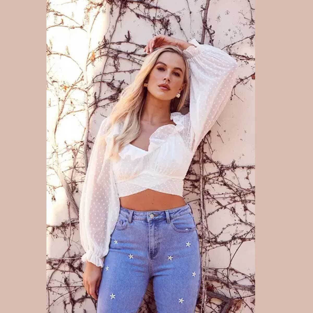 Quiz Cream Polka Dot Crop Top