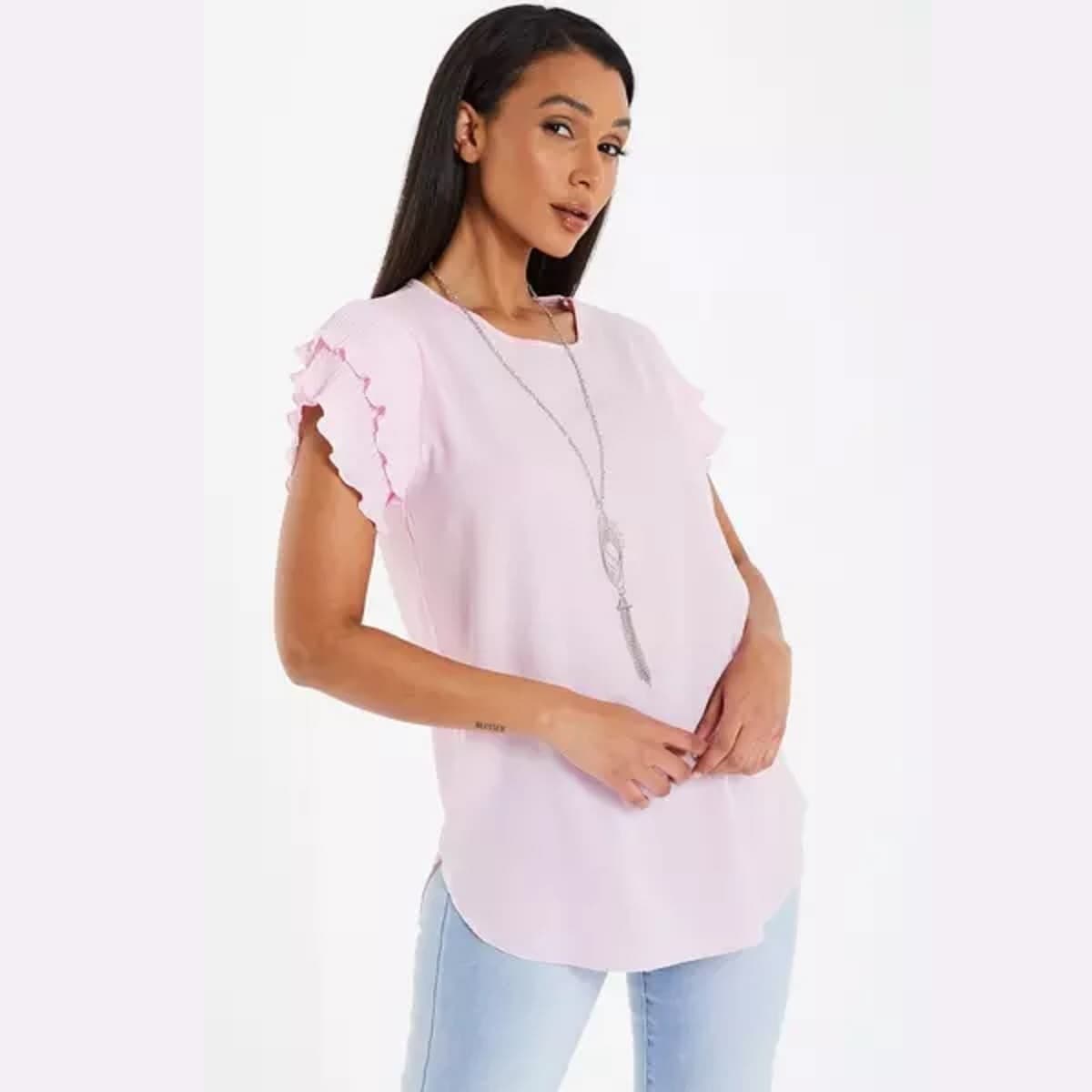 Quiz Pink Frill Sleeve Necklace Top