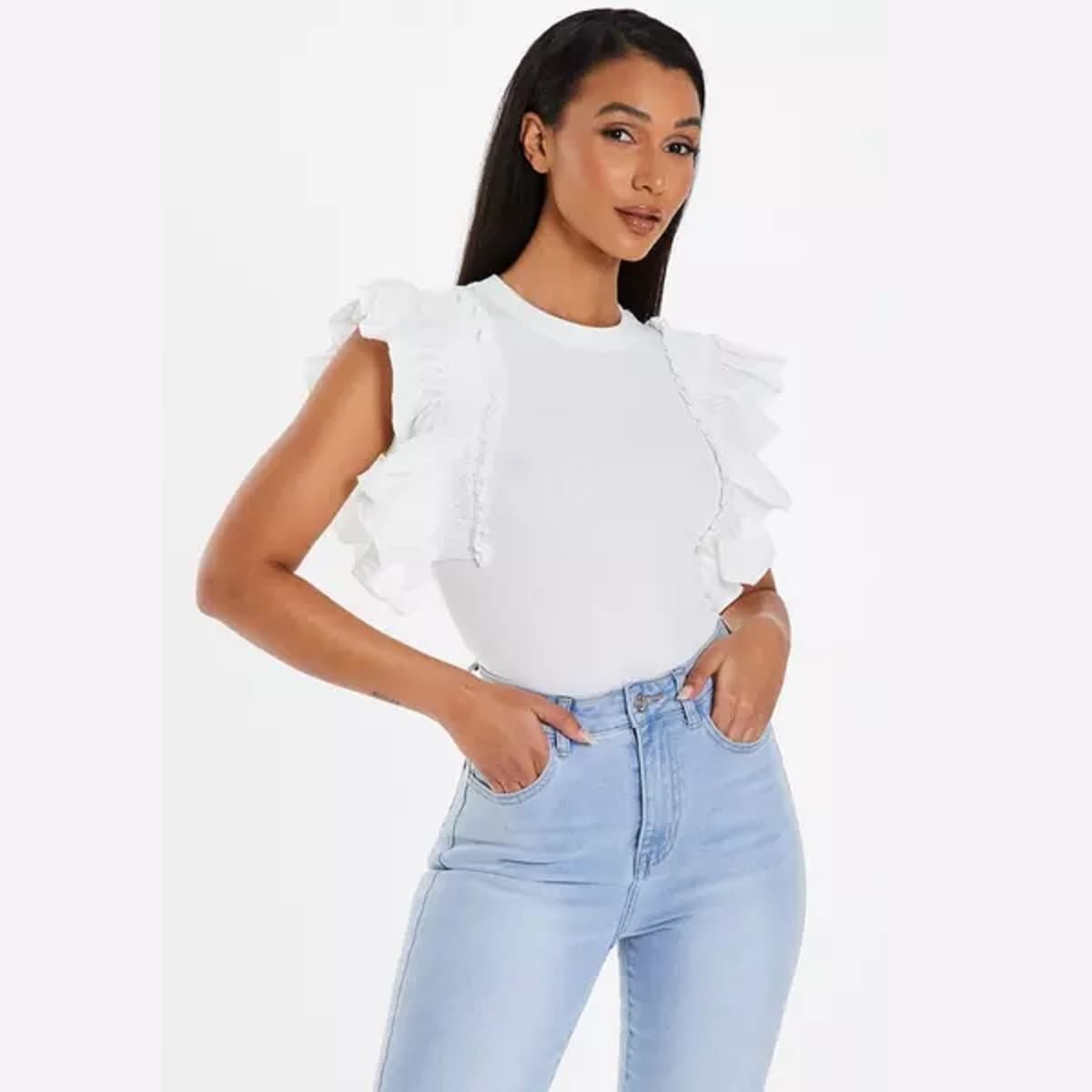 Quiz Cream Ribbed Frill Sleeve Bodysuit