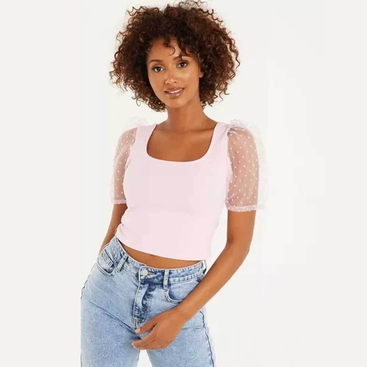 Quiz Pink Organza Puff Sleeve Crop Top