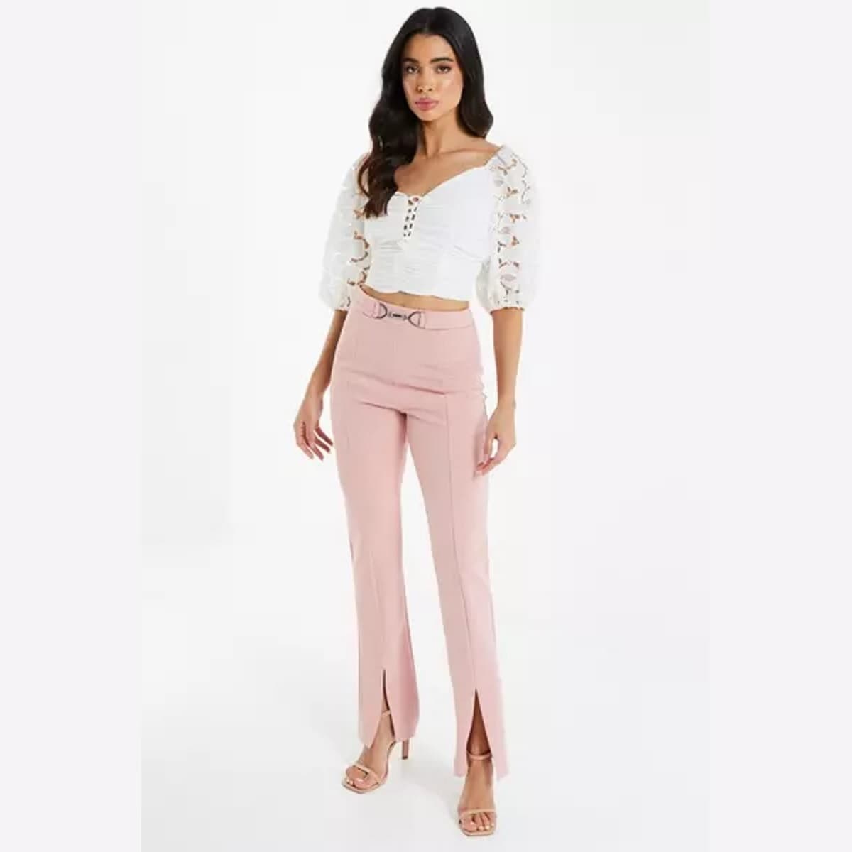 Quiz Dusky Pink High Waist Split Front Trousers
