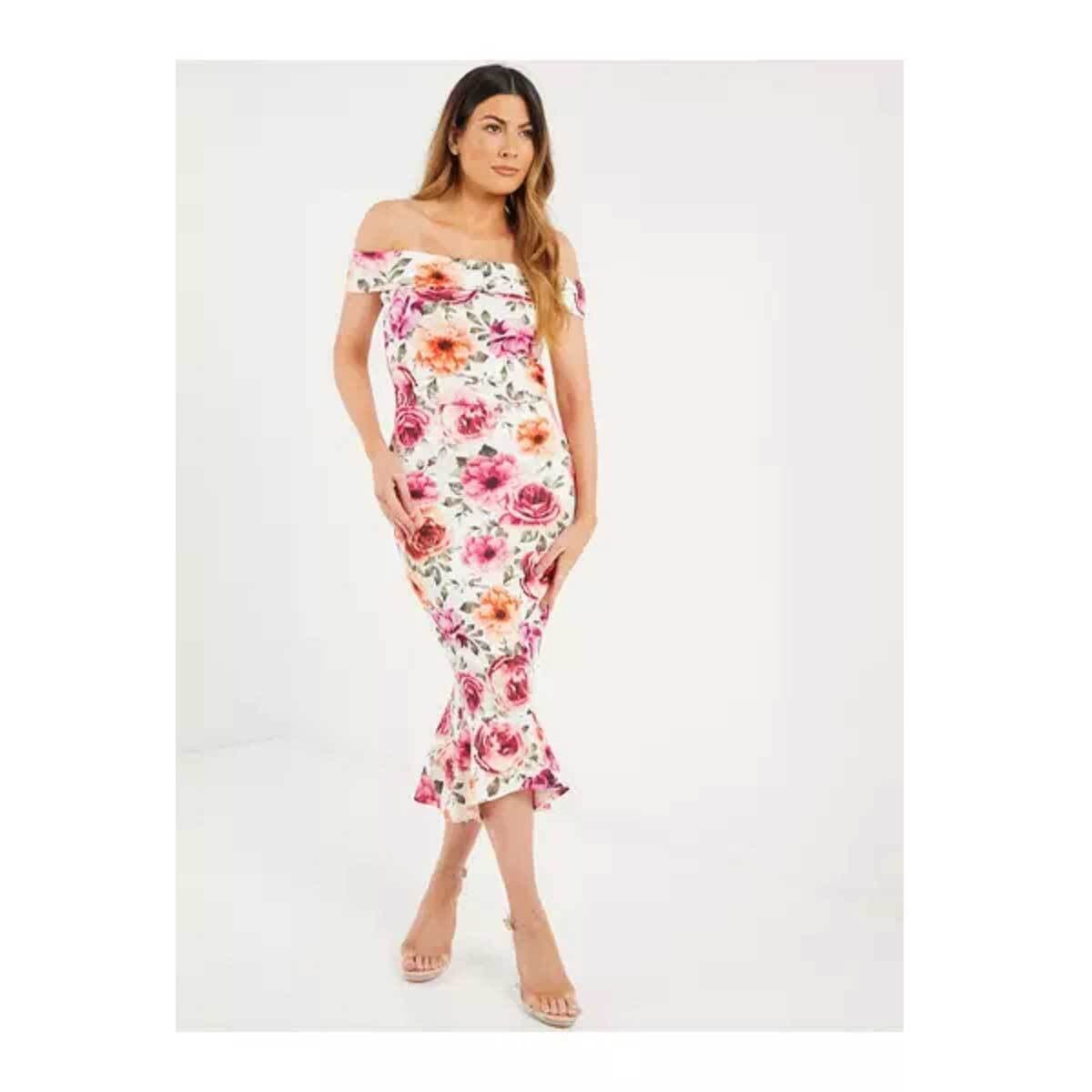 Quiz Cream/Pink/Orange Scuba Floral Bardot Frill Midi