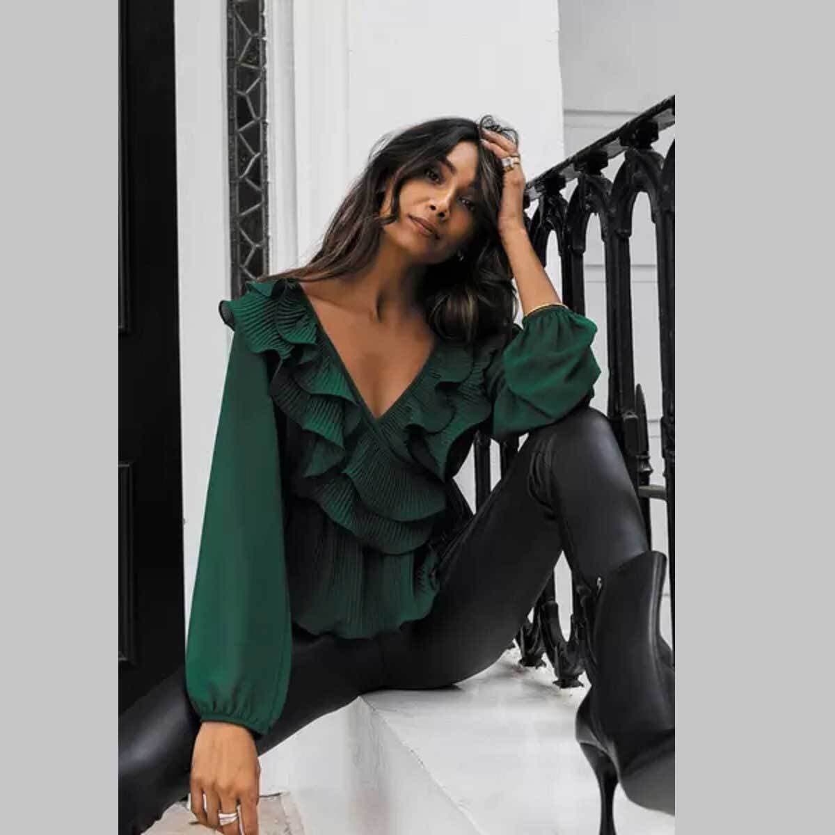 Quiz Bottle Green Chiffon Wrap Peplum Top