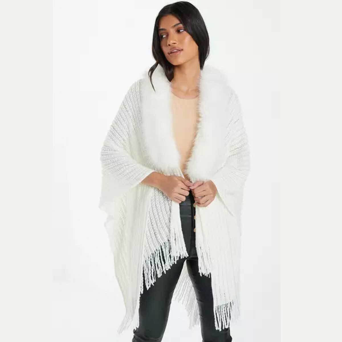 Quiz Cream Sequence Fur Trim Cape