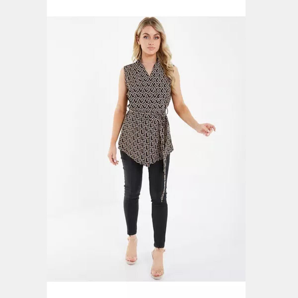 Quiz Black/Stone Geo Woven Wrap Sleeveless Blazer