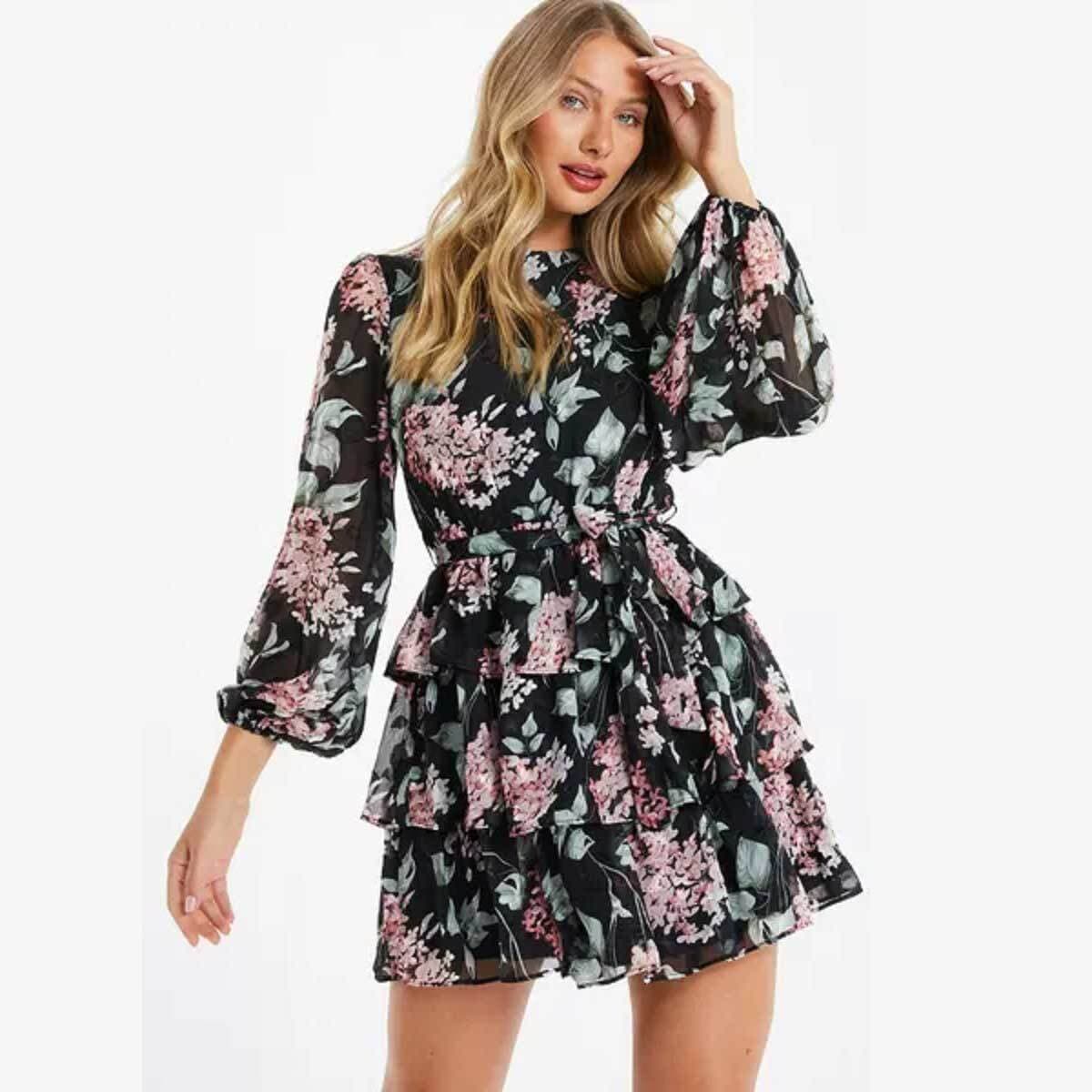 Quiz Black Floral Tiered Skater Dress