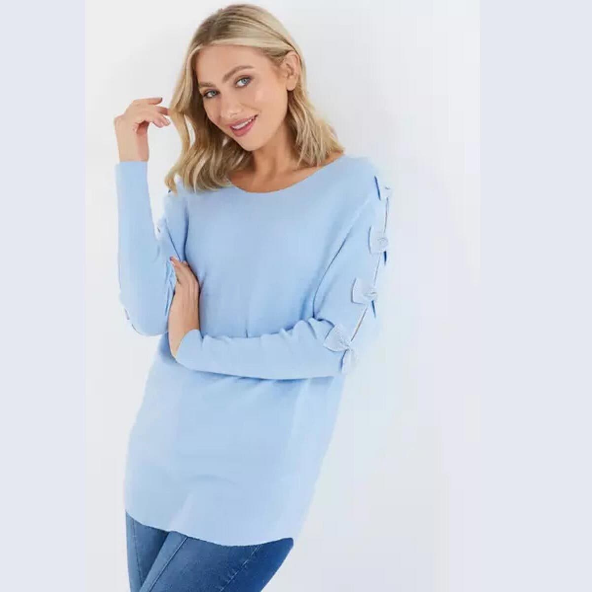 Quiz Blue Light Knit Diamante Bow Sleeve Jumper