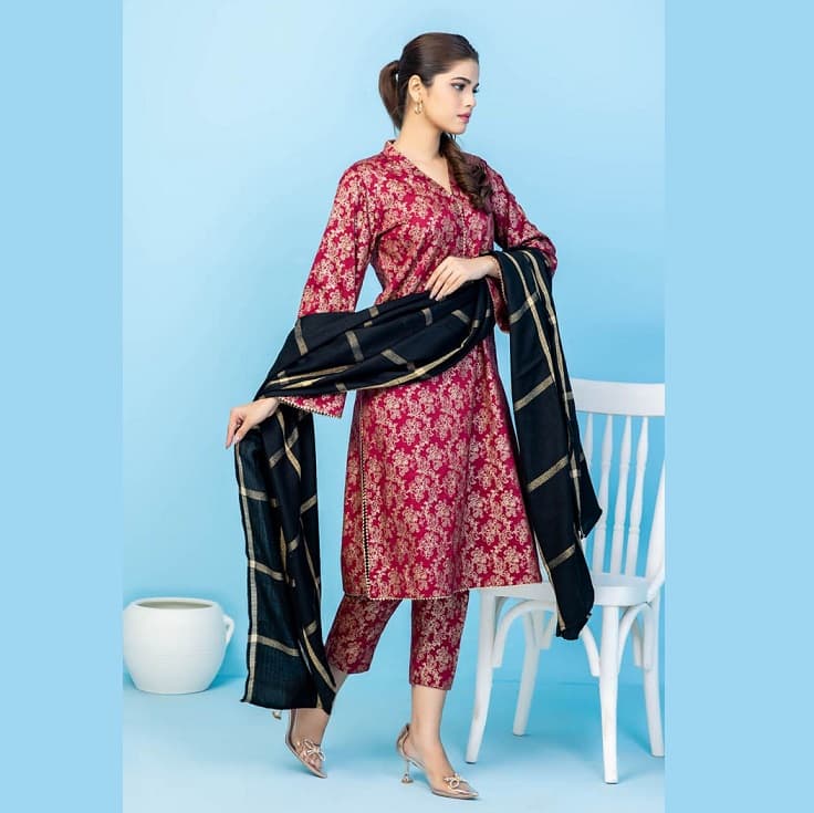 Ideas Yarn Dyed Shawl Unstitched Gold printed Cotail Suit AP-22045 3Pcs