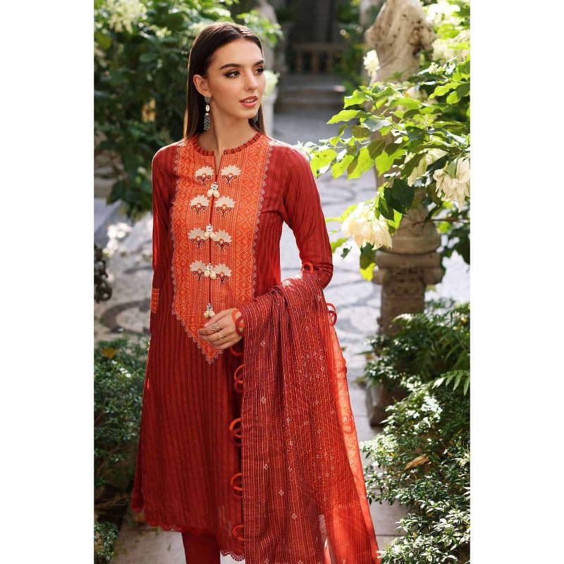 Embroidered Zari Lawb Unstitched Printed Suit With Printed Zari Stripe Dupatta DB-22034 3PC