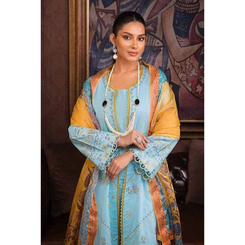 Embroidered Lawn Unstitched Suit With Digital Printed Mehsuri Dupatta SP-32002 3PC