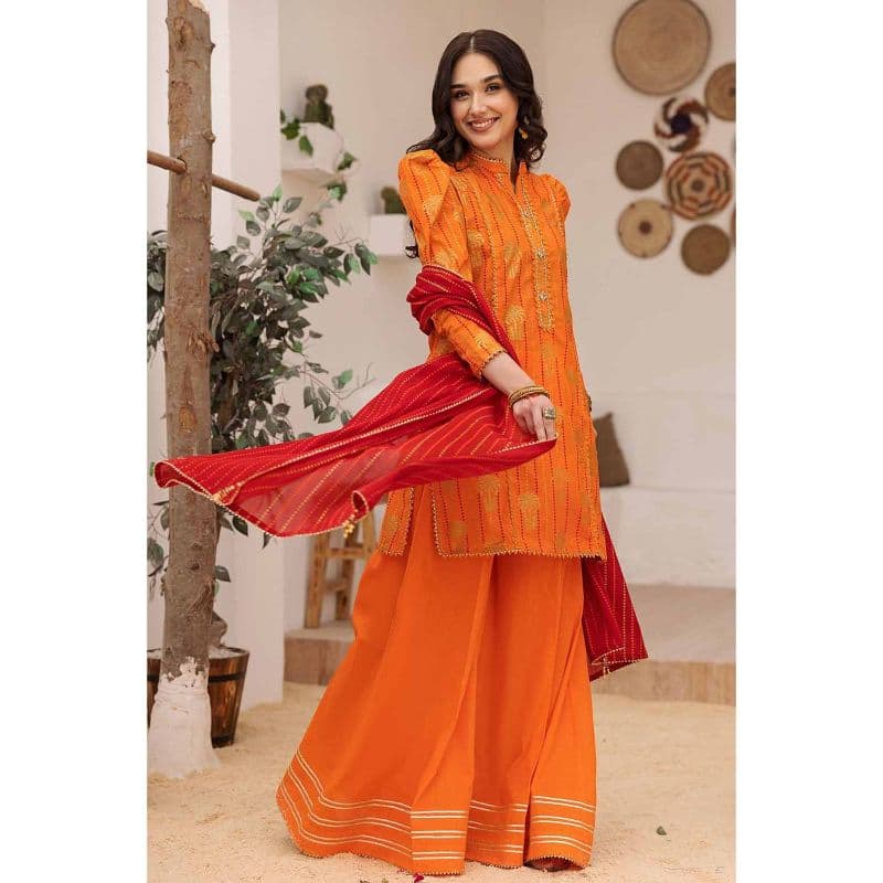 Gold Printed Lawn Unstitched Suit with Crochet Lace CL-32422 3PC