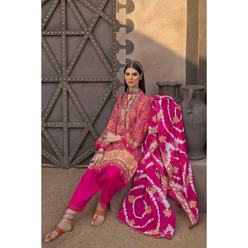 Gold Printed Unstitched Suit with Embroidered Dupatta FE-32058 3PC