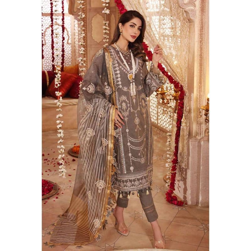 Embroidered Mehsuri Suit with Embroidered Organza Stripe Dupatta FE-12001 3PC