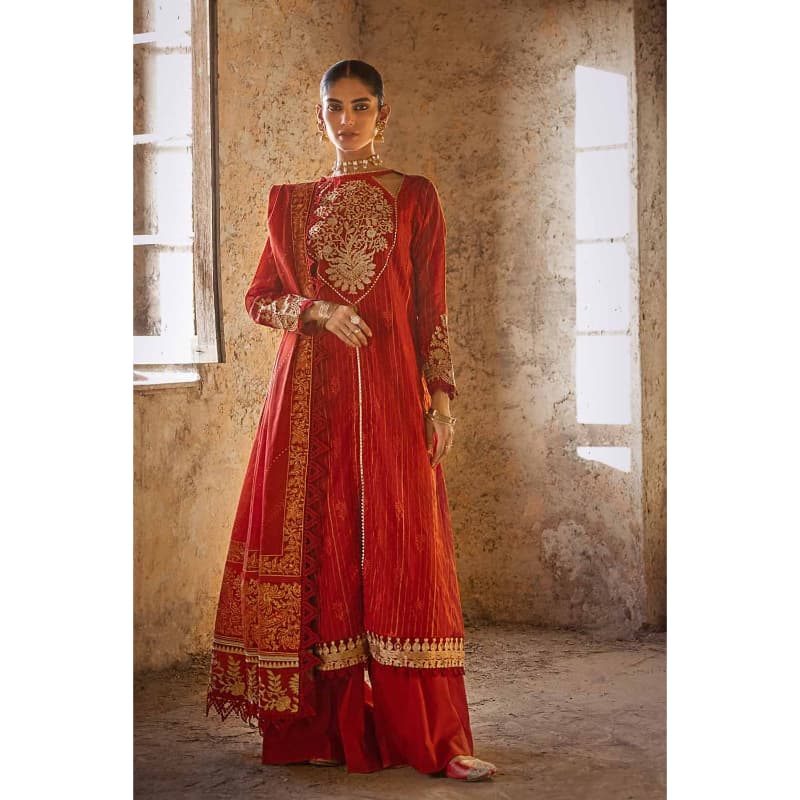 Ideas Embroidered Lacquer Printed Zari Stripe Unstitched Suit Gold & Lacquer Printed Mehsuri Dupatta with Embroidered Mehsuri Border FE-32088 3PC
