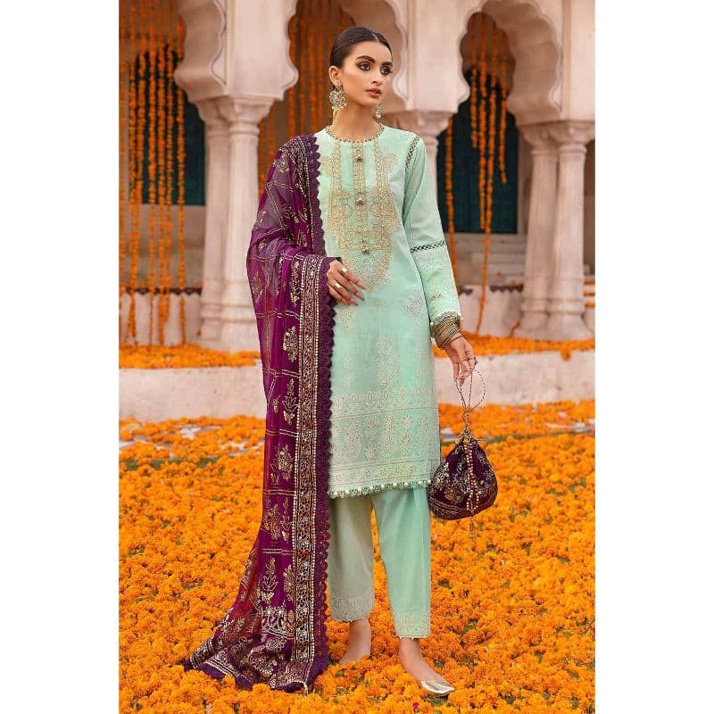 Ideas Foam and Gold Printed Embroidered Unstitched Lawn Suit BM-32037 3PC