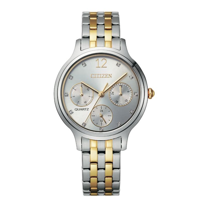 Citizen Ladies Quartz Stainless Steel With Two-Tone Rose Gold Plating Side-Capped Watch ED8184-51A Silver