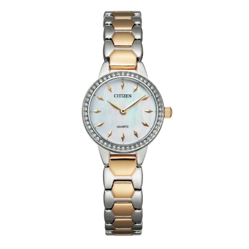 Citizen Ladies Quartz Stainless Steel With Two-Tone Rose Gold Plating Side-Capped Watch EZ7016-50D Sky Blue