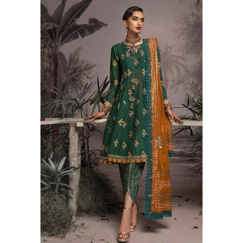 Ideas Embroidered Gold and Lacquer Printed Lawn Suit with Cotton Net Dupatta CN-32025 3PC