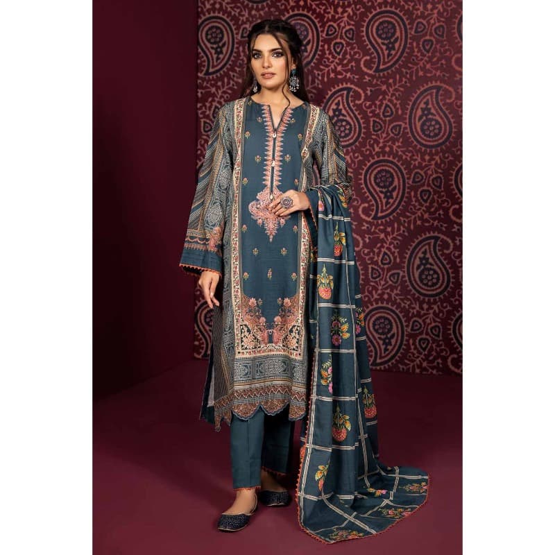 Ideas Printed Khaddar Unstitched Suit with Embroidered Neckline on Organza K-32039 3PC