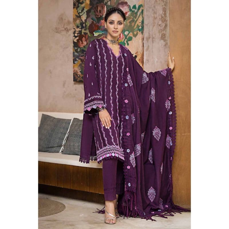 Ideas Embroidered Pashmina Unstitched Suit with Embroidered Pashmina Shawl AP-32004 3PC