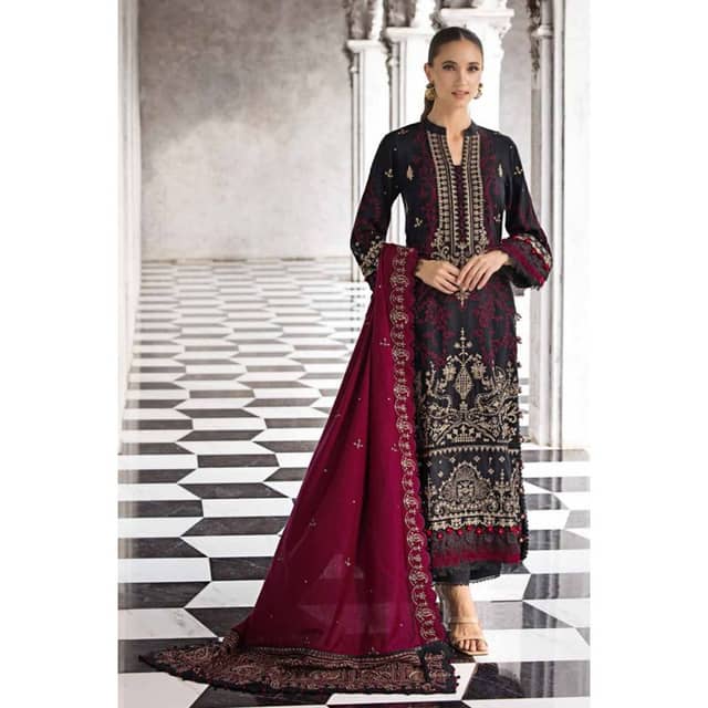 Ideas Embroidered Pashmina Unstitched Suit with Embroidered Pashmina Shawl AP-32039 3PC