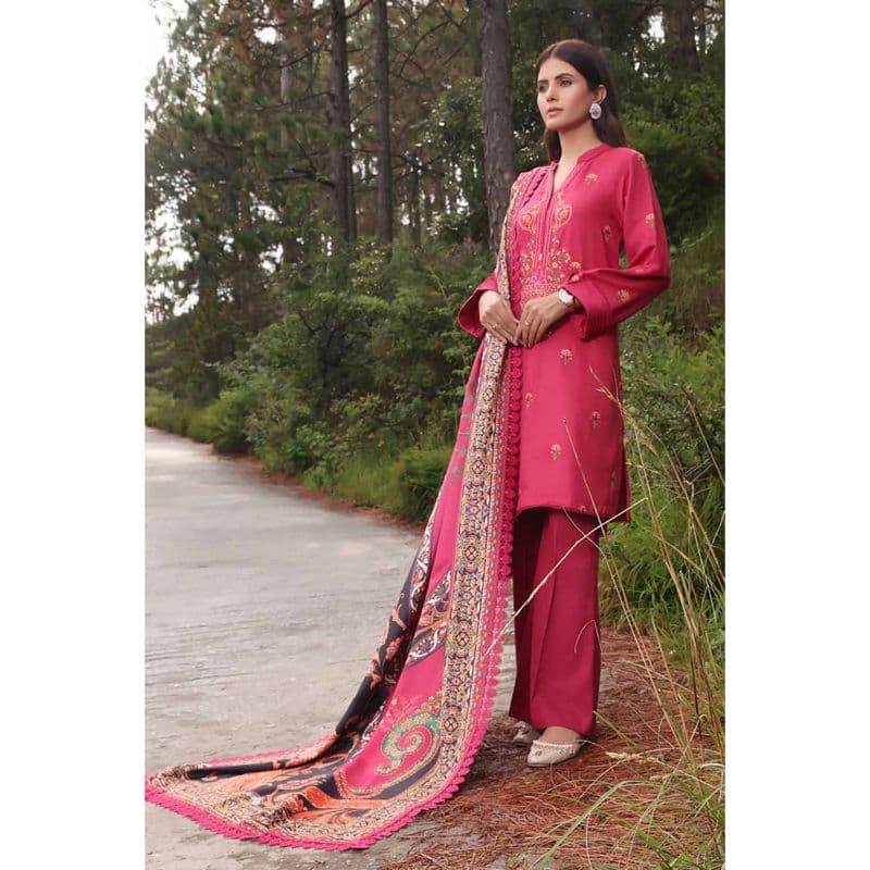 Ideas Embroidered Acrylic Unstitched Suit with Digital Printed Acrylic Shawl AP-32010 3PC