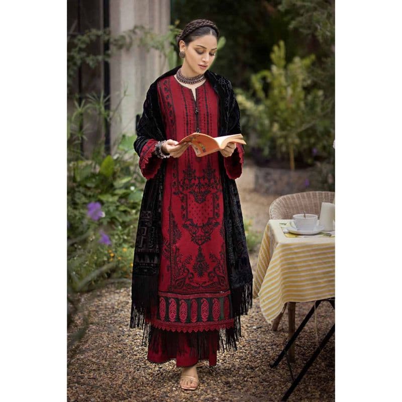 Ideas Embroidered Khaddar Unstitched Suit with Printed Burnout Velvet Dupatta BVL-32002 3PC
