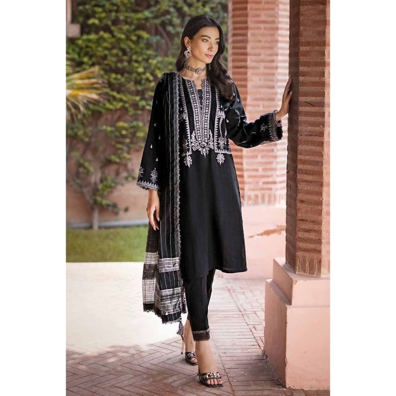 Ideas Embroidered Khaddar Unstitched Suit with Woven Stripe Dupatta MJ-32066 3PC