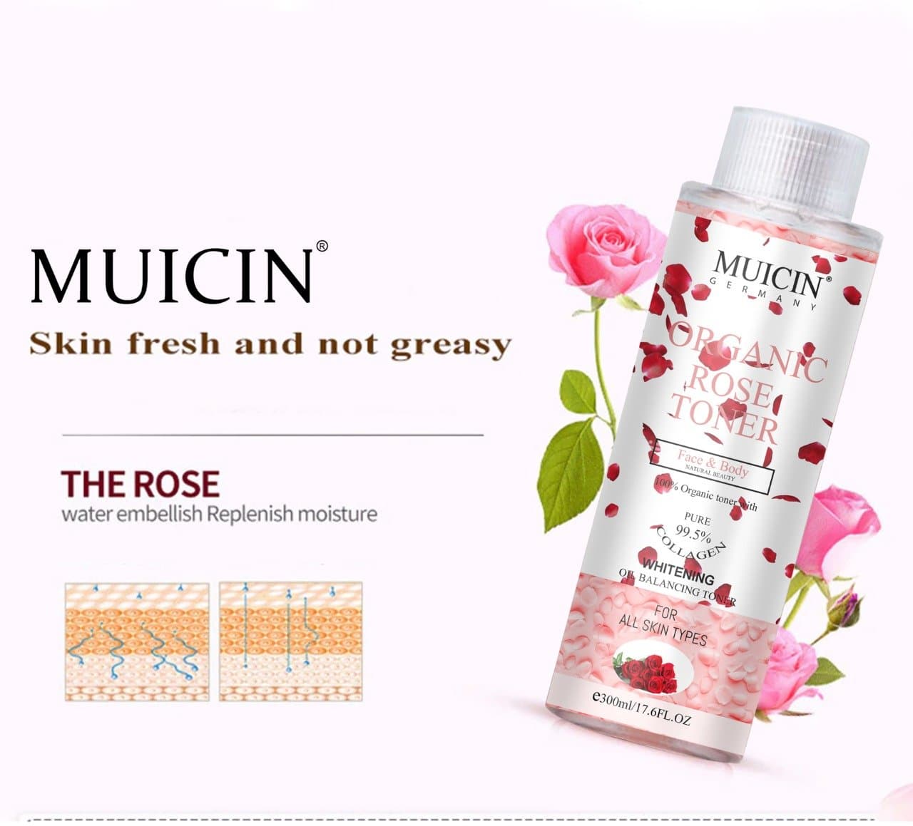 MUICIN Organic Rose Petal Face & Body Toner 300ml