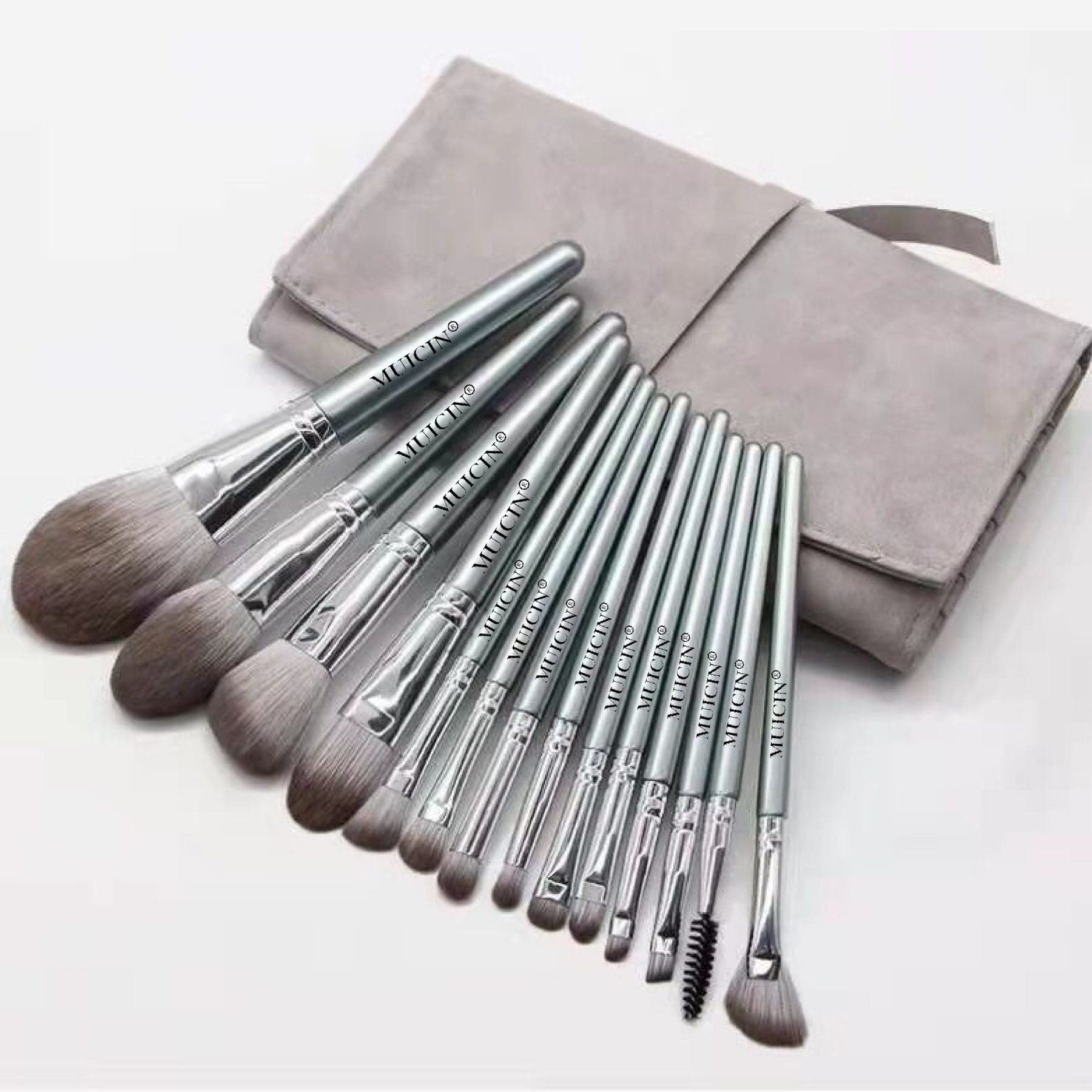 MUICIN Grey Leather Pouch Makeup Brush Set 14 PC