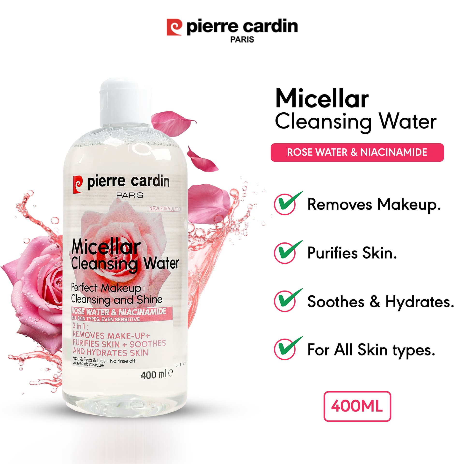 Pierre Cardin Paris Cleansing Micellar Water 400ml - With Rose Water And Niacinamide - TESTER