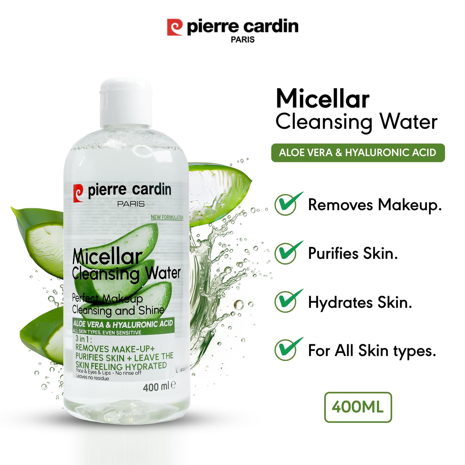 Pierre Cardin Paris Cleansing Micellar Water 400ml - With Aloe Vera & Hyaluronic Acid - TESTER