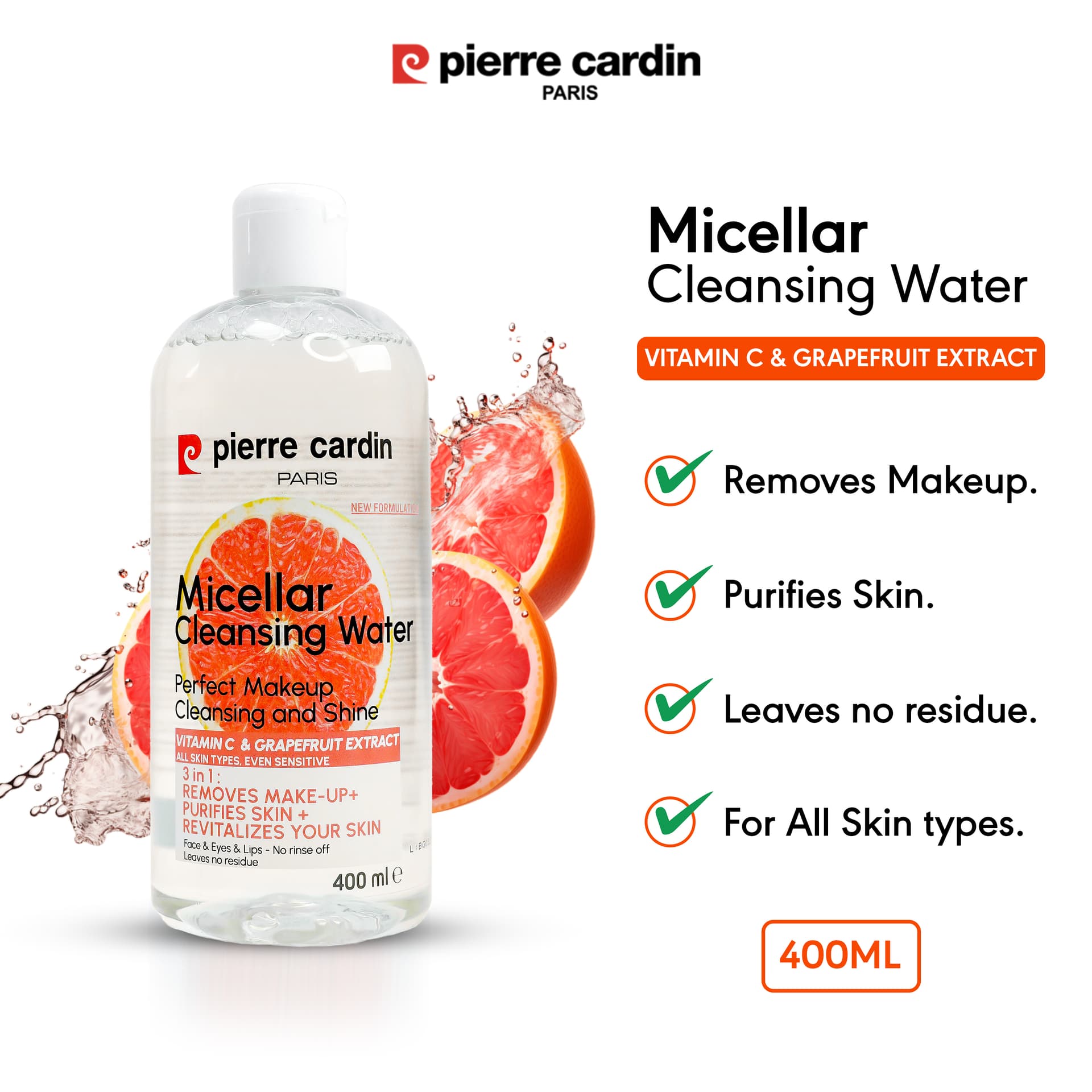 Pierre Cardin Cleansing Micellar Water 400ml - With Pink Grapefruit And Vitamin C - TESTER
