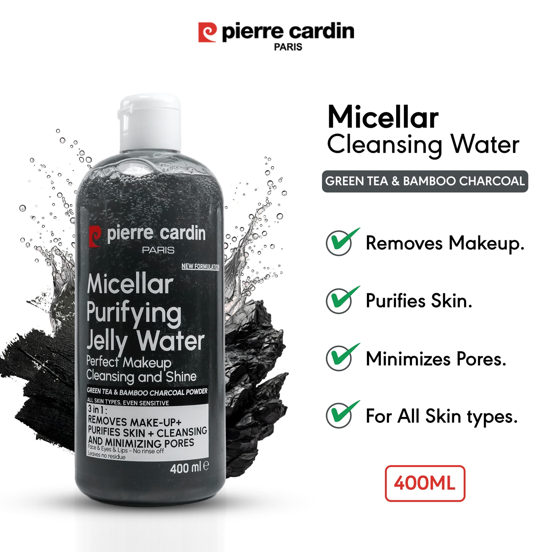 Pierre Cardin Paris Cleansing Micellar Water 400ml - With Green Tea & Bamboo Charcoal Powder - TESTER